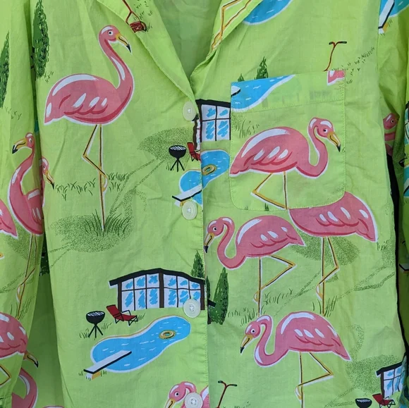 Nick & Nora Backyard Flamingo BBQ Pool 3/4 Sleeve Ruffle Button Up Shirt - Picture 3 of 5